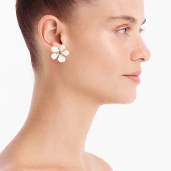 💜 J. Crew White Enamel Flower Earrings With Crystal Center & Gold Trim  Hypoall - Picture 2 of 4